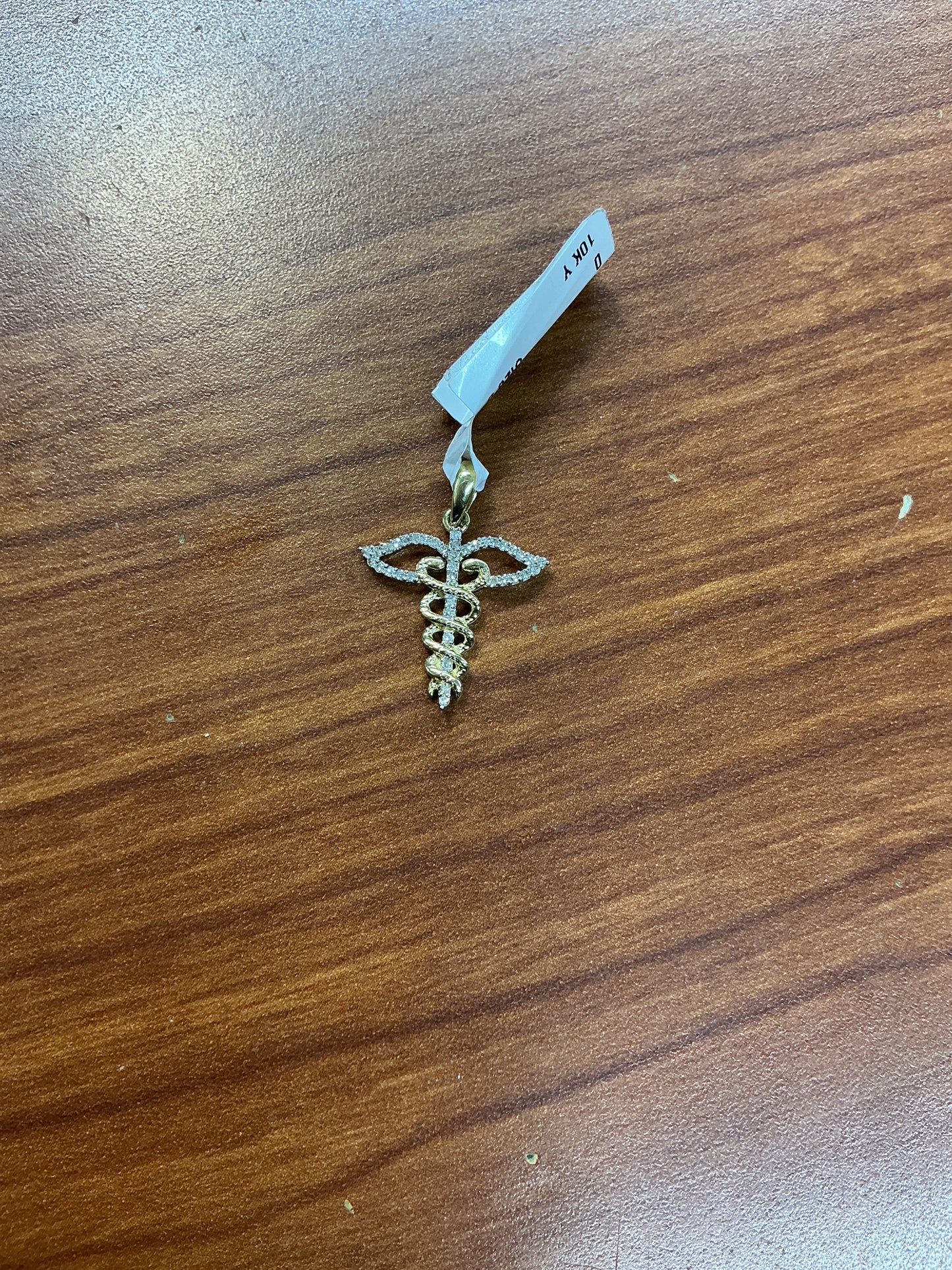10  yellow gold Caduceus medical symbol pendant 0.13ctw diamonds